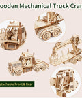 3D Wooden Puzzle for Adults and Teens, Mechanical Truck Crane Model Kit, DIY Wood Craft Hobby Toy, Family Project for Hobbyists, Women and Men, 428 Pieces, Challenging Hands On Build, Educational Fun. beige wood truck crane with detachable cab