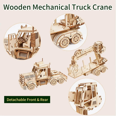 3D Wooden Puzzle for Adults and Teens, Mechanical Truck Crane Model Kit, DIY Wood Craft Hobby Toy, Family Project for Hobbyists, Women and Men, 428 Pieces, Challenging Hands On Build, Educational Fun. beige wood truck crane with detachable cab