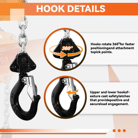 Chain hoist with black steel hook and hand chain, 360° rotating head for easy positioning.