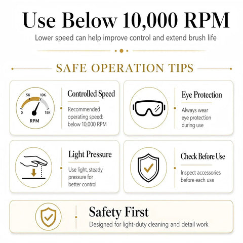 Infographic showing safe operation tips for Top Shelf Brass Wire Brush Kit For Knocking Out Rust And Buffing To Perfection With Three Mm Shank That Clicks Straight Into Your Drill Or Rotary Tool 60 Piece Crate.