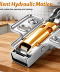 Close-up of Four Pack 170 Degree Soft-Close Corner Cabinet Hinges for Frameless Cabinets, highlighting hydraulic mechanism.