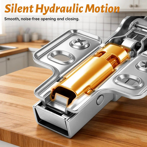 Close-up of Four Pack 170 Degree Soft-Close Corner Cabinet Hinges for Frameless Cabinets, highlighting hydraulic mechanism.
