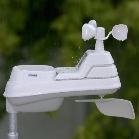 Image of All In One Indoor Outdoor Wireless Weather Station with rain gauge, wind vane, and sensor for various data readings.