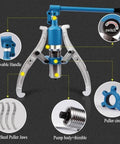 Pro 20 Ton Hydraulic Puller Kit 3 In 1 Machine With Adjustable Jaws Wheel Bearing Separator For Gears Bushings Pulleys Made From Forged Steel Yoke Twin Or Triple Legs For Auto Shops And Mechanics Fixing Stuck Parts With Reliable Power., blue hydraulic puller with alloy steel jaws and movable handle