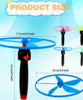 Awesome Flying Saucer Toy Set With 32 Discs And 16 String Launchers for Kids showing disc and launcher dimensions.