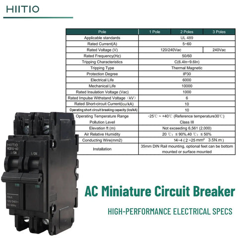 Front view of 15 Amp 120V And 240V Two Pole DIN Rail Miniature Circuit Breaker UL 489 Listed 35mm Mount HCB1U-60 MCB with 10kA capacity.
