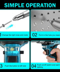 Step-by-step guide for Zuyiyi Cordless Electric Rivet Gun For Makita 18V Battery showing operation instructions.