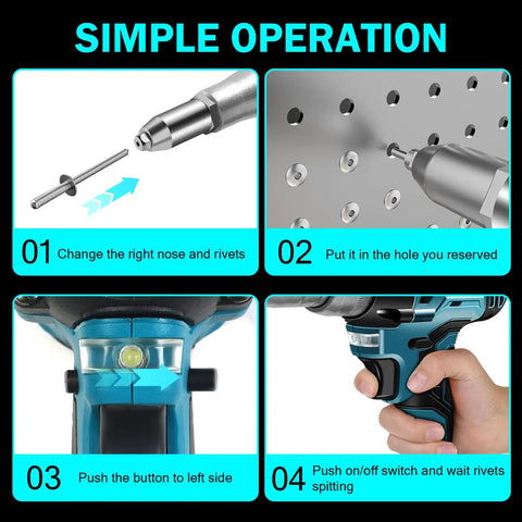 Step-by-step guide for Zuyiyi Cordless Electric Rivet Gun For Makita 18V Battery showing operation instructions.