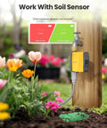 WiFi Water Timer For Sprinklers With Brass Inlet, Requires TWG004WRF WiFi Hub, yellow outdoor unit on wooden post