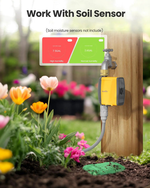 WiFi Water Timer For Sprinklers With Brass Inlet, Requires TWG004WRF WiFi Hub, yellow outdoor unit on wooden post
