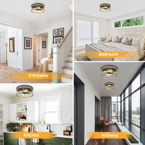 Black And Gold Flush Mount Ceiling Light Fixture Two Light Vintage Farmhouse Ceiling Mount in hallway, entryway, kitchen