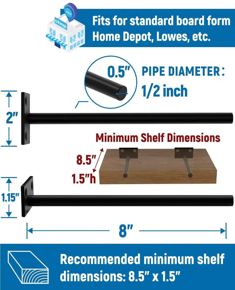 Hidden Floating Shelf Brackets 12 Pack 8 Inch Concealed Wood Shelf Support Invisible Coated Mounting Brackets dimensions guide