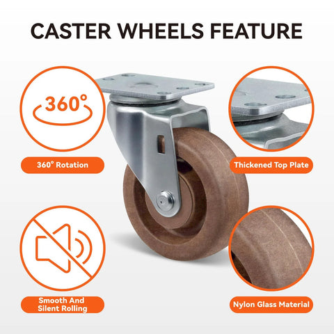 4-inch heavy-duty caster wheels set of 4 with nylon glass material and thickened top plate, 360-degree rotation.