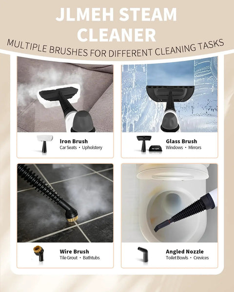 Multiple brushes for JLMEH steam cleaner, including iron, glass, wire, and angled nozzle for various cleaning tasks.