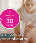 Woman using Extra Smooth Travel Razor Kit For Women With Mini Handle Refill And Case, Five Blade Shave System Delivers Close, Silky Shaves On The Go, Lubrication Strip Helps Protect Skin From Irritation in bathroom.