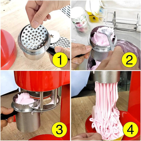 Electric Ice Cream Press Machine With Four Interchangeable Stainless Steel Molds For Shops Easy Clean ABS Plastic 420ML Hopper in use.
