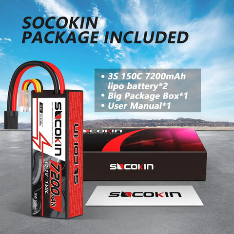 3S Lipo Battery 11.1V 7200mAh 150C Beefy High Discharge RC Battery Pack with Hard Case and TR Plug for RC Car Truck Airplane Helicopter Boat Hobby Two Pack packaging