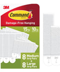 Damage Free Picture Hanging Strips For Walls For Pictures And Frames Large And Medium Sets 32 Strips Total 16 Pairs Holds 15 Lb And 10 Lb Frames No Nails Needed Easy Peel And Rehang Safe For Smooth Surfaces White packaging with visible strips.