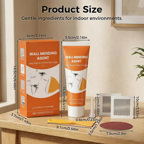 All In One Drywall Repair Kit With Spackle Paste And Scraper For Quick Patch Fixes Hole Patching Patches Wall Mending Solution Nozzle Extenders Sandpaper And Putty Knife Great For Dings And Cracks In Walls, including tube and tools on table.
