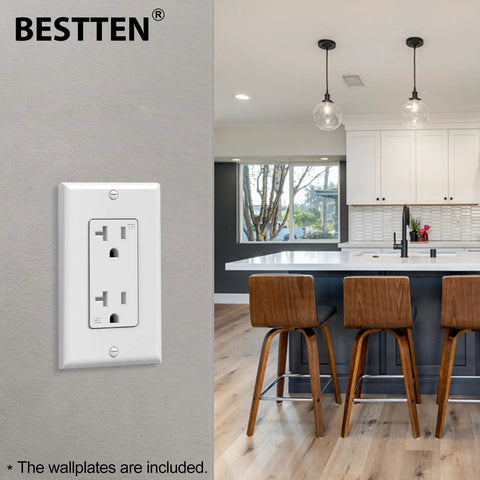 20 Pack Decor Wall Receptacle Outlet With Wall Plate, 20 Amp Tamper-Resistant TR Electrical Outlet, 125V, 2500W, White in kitchen.