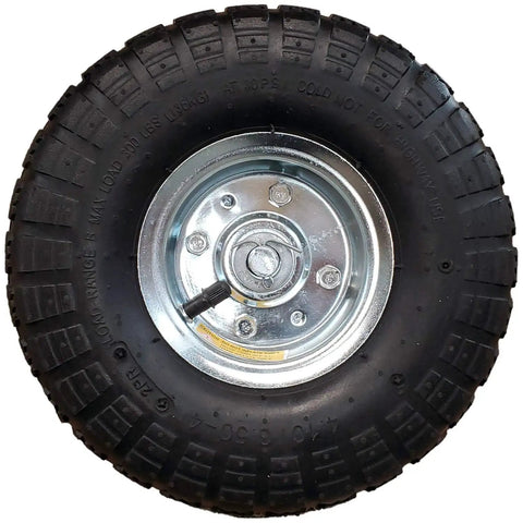 Heavy Duty 10 Inch Pneumatic Sliding Gate Wheels With Solid Carrier Frame For Chain Link Fences Rolls Like A Dream Fits 1 5/8 To 2 Inch Tracks close-up of tire with galvanized steel rim.