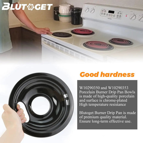 Person holding Porcelain Burner Drip Pan Bowls 2 Pack 8 Inch And 2 Pack 6 Inch Black Porcelain Electric Stove Drip Pans Fits Whirlpool Electric Ranges Mess Free And Spill Proof Replacement Set with stove in background