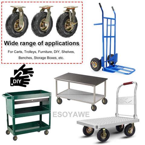Set Of Four Heavy Duty Industrial Pneumatic Caster Wheels With Brakes Double Ball Bearing Swivel Casters Featuring Thick Shock Absorbing Rubber Tires for carts and trolleys.