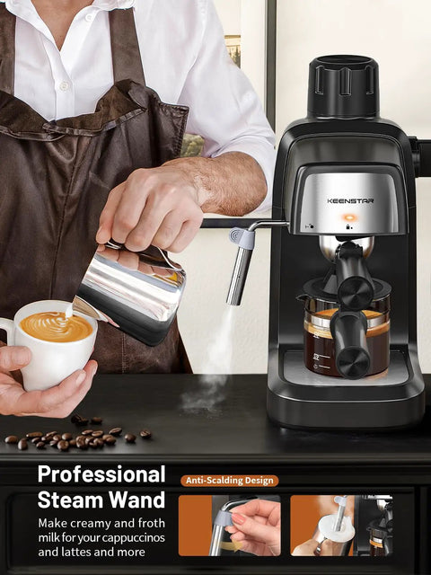 Man using 3.5 Bar Espresso Machine With Milk Frother, 800W Compact Espresso and Cappuccino Maker for cappuccinos