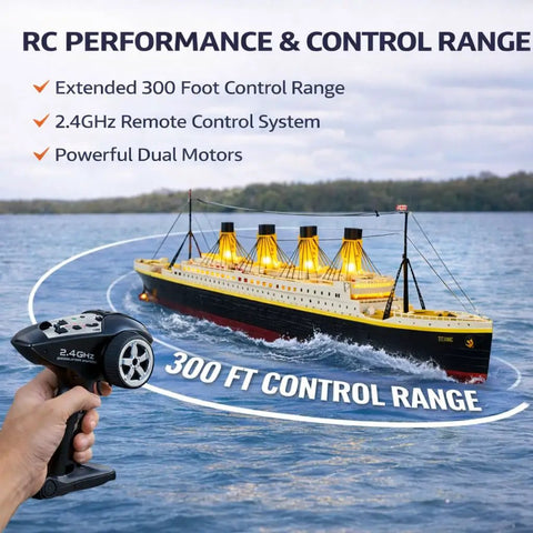 32 Inch Remote Control Titanic Boat With LED Lights And 2.4 GHz Radio Large RC Cruise Ship on water with remote control detail.