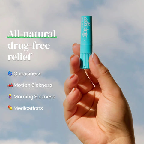Hand holding Motion And Morning Sickness Nausea Relief Inhaler No Pills Needed Fast Acting Drug Free Non Drowsy All Natural Alternative