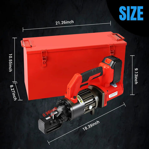 Loschen Cordless Electric Hydraulic Rebar Cutter With Li-ion Battery For Portable Handheld Cutting Up To 7/8 Inch Diameter Steel Bars next to specifications.