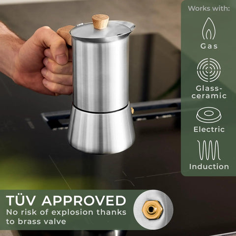 Stainless Steel Moka Pot 10oz With Oak Wood Handle Toxic Free No Junk Plastic No Aluminum Brew For Stovetop Espresso Maker