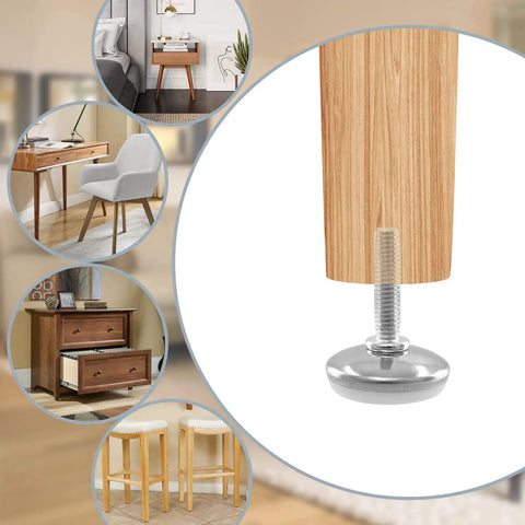Rock Solid M6 Adjustable Furniture Levelers 20 Pack Heavy Duty Table Glides showing stainless steel screws and wood leg.