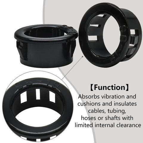 50 Count Black Nylon Snap In Cable Bushing Grommet Protectors For Nine Sixteenths Inch Cables With Three Quarters Inch Mounting Diameter Model SB Nineteen