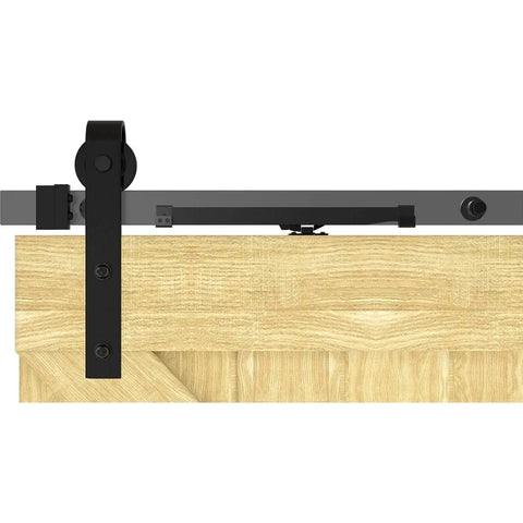 2 Pack Ultra Smooth Soft Close Barn Door Hardware Kit With Spring Buffer Damper Hole Free Track shown on wooden door