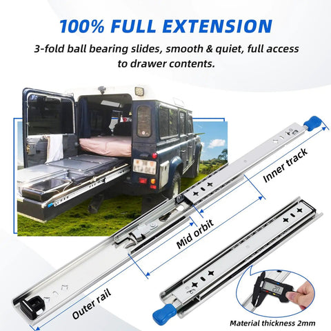Locking Heavy Duty Drawer Slides for Cabinets, Side Mount Full Extension, 250 lb capacity, 53mm width, shown in use