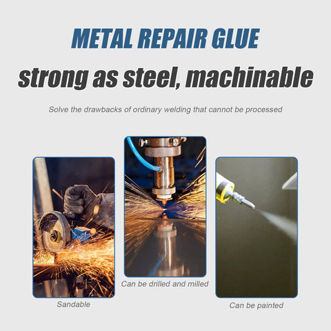 Metal Repair Glue demonstration showing sanding, drilling, and painting capabilities with Rapid Foundry Glue For Metal And More Grab And Go Heavy Duty Repair Adhesive For Steel Iron Plastic Ceramic Wood Quick Set Heat Resistant Up To 150C 3 Piece Repair Kit.
