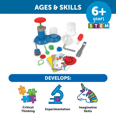 STEM Explorers Superhero Science Kit for Kids with magnets, color mixing tools and lab accessories for ages 6 plus.