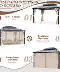 10 Foot By 13 Foot Gazebo With Double Polycarbonate Roof, Durable Aluminum Frame Pergola, showing netting and curtains setup