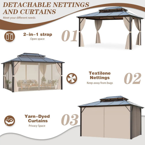 10 Foot By 13 Foot Gazebo With Double Polycarbonate Roof, Durable Aluminum Frame Pergola, showing netting and curtains setup