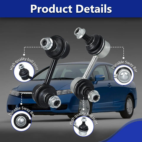 Front Sway Bar End Link Kit For Honda Civic 2006 2011 And Acura CSX All Models K80768 K80769 Replacement Stabilizer Links Beefed-Up OE Style Easy Install For Smooth Handling. OE-style sway bar end links with ball joints shown on a blue Honda Civic.