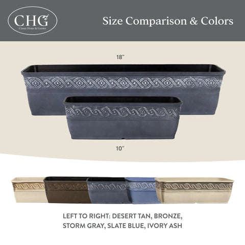 Size comparison of Rectangular Planter Box With Drain Plug For Indoor And Outdoor Use Perfect For Succulents And Cacti Lightweight Resin Trough Planter In Storm Gray Ten Inch Pack Of 1 alongside other colors and sizes.
