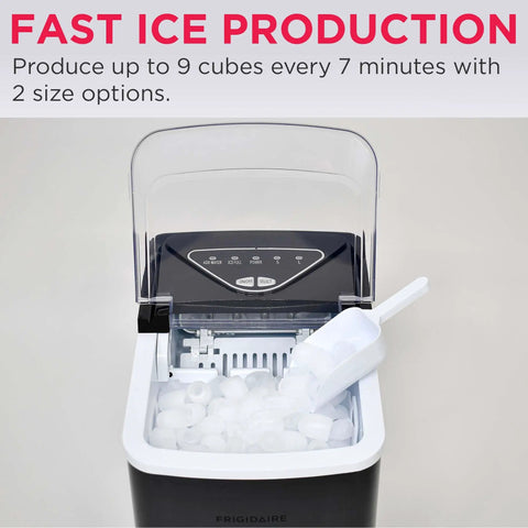 Compact Countertop Ice Maker With Fast Ice Production Delivers 26 Lbs Of Ice Per Day For Your Home Bar Kitchen Dorm Office On Demand In A Sleek Black Stainless Finish, showing open lid with ice and scoop.