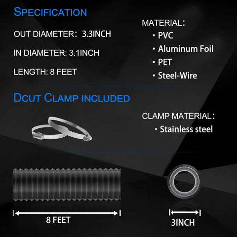 3 Inch Flexible Dryer Vent Hose 8 Feet No Fuss Insulated Air Ducting With Aluminum Foil PVC Film Steel Wire For Noise Reduction Heat Shield Ideal For HVAC Ventilation With 2 Clamps