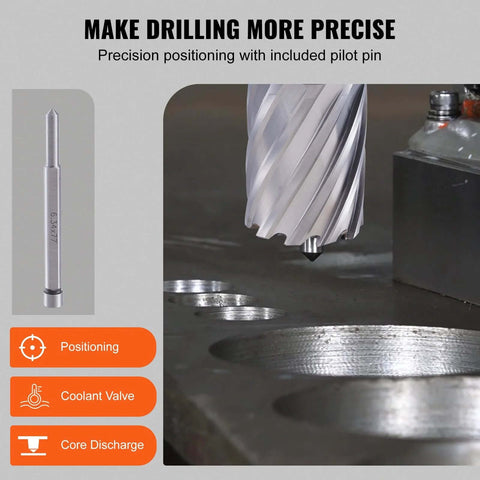Front view of VEVOR annular cutter with Weldon shank; 1" depth, 1/2"–1-1/16" dia, M2AL HSS.

In-use view of VEVOR annular cutter cutting metal in a drill; 6-piece set, pilot pin.