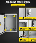 Interior view of Tough As Nails NEMA 4x Steel Enclosure with safety lock, hinge, and mounting plate details.