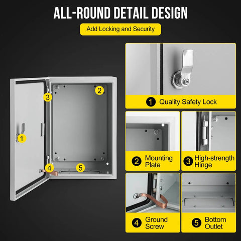 Interior view of Tough As Nails NEMA 4x Steel Enclosure with safety lock, hinge, and mounting plate details.