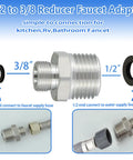 Lead-Free RV Faucet Adapter 1/2 to 3/8 Reducer for No-Fuss Faucet Hookups with fittings and gaskets displayed.