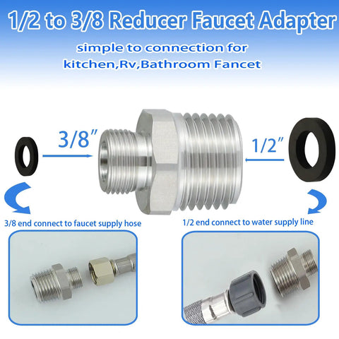 Lead-Free RV Faucet Adapter 1/2 to 3/8 Reducer for No-Fuss Faucet Hookups with fittings and gaskets displayed.