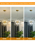 Eight Light Gold Dandelion Sputnik Crystal Chandelier Ceiling Light Fixture For Bedroom Living Room Dining Room Kitchen Island Hallway Modern Fixture Design with three color temperatures displayed in a room setting.